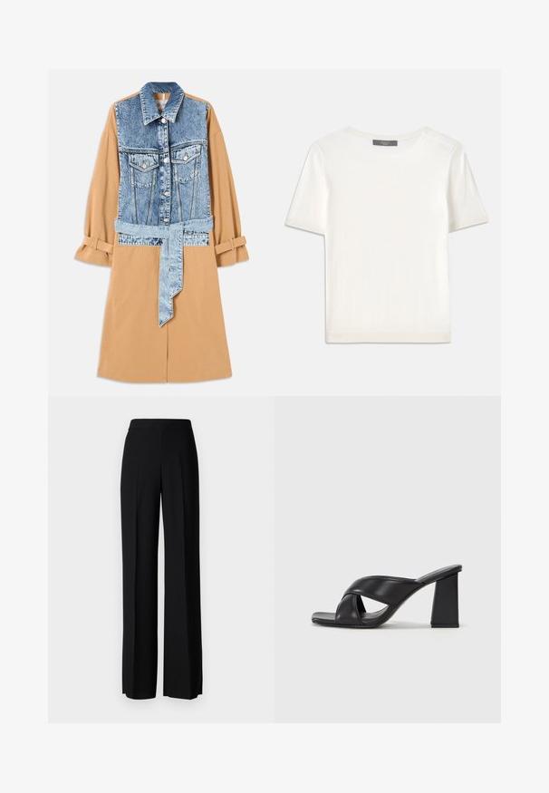 Džinsinis ir chaki marškinių suknelė, turinti pilno ilgio džinsinę priekinę dalį, diržą juosmens srityje, su sukniotomis rankovėmis, kišenėmis ir kontrastingomis medžiagomis.; Baltas trumpas rankovėmis megztinis su apvaliu kaklu, pasižymintis lygia tekstūra ir subtiliais raštuotais akcentais rankovėse bei apykaulyje.; Juodi platūs kelnių kelnės su lygiu paviršiumi, turinčios aukštą liemenį ir centrinės raukšlės. Nėra matomų raštų ar metalinių detalių.; MAX&Co. SOHO - Aukštakulniai sandalai - schwarz
