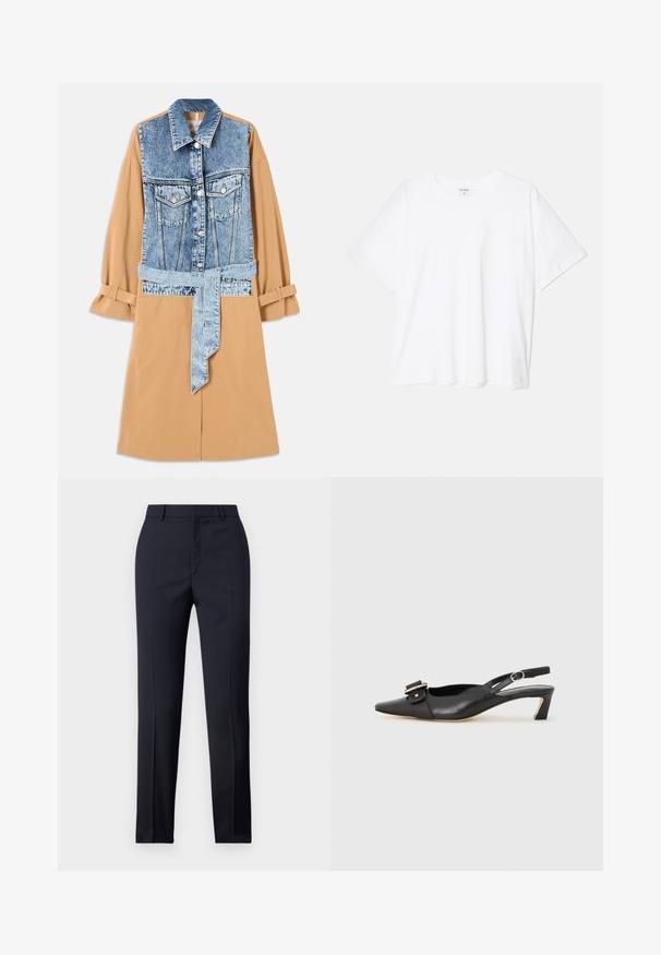 Rochie din denim și khaki, cu un front din denim pe întreaga lungime, talie cu curea și mâneci desfăcute, având buzunare și materiale contrastante.; Tricou alb din bumbac, cu mâneci scurte, guler rotund, croi lejer și tiv cusut. Eticheta este vizibilă pe interiorul gulerului.; Pantaloni tailor-made de culoare bleumarin cu o croială dreaptă, având o textură netedă, două buzunare frontale și o talie curată.; Pantofii negri din piele cu toc mic, vârf ascuțit și detaliu decorativ cu cataramă pe partea superioară. Textură netedă, design minimal.