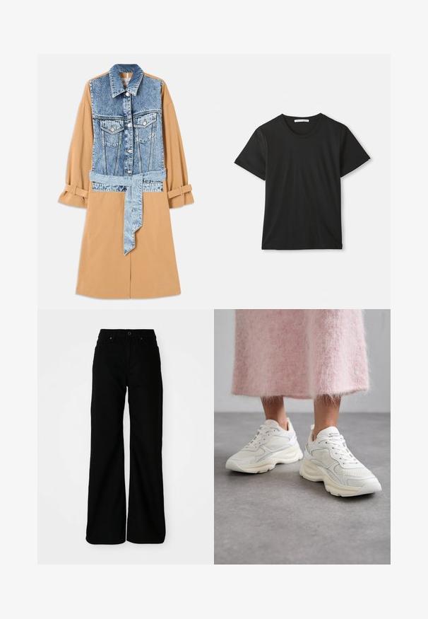Sukienka koszulowa z dżinsu i khaki, z pełnym frontem dżinsowym, paskiem w talii i podwiniętymi rękawami, z kieszeniami oraz kontrastowymi materiałami.; Czarny t-shirt z krótkim rękawem i okrągłym dekoltem, wykonany z bawełny, leży płasko na białym tle, z widoczną metką marki wewnątrz kołnierza.; Czarne spodnie o szerokich nogawkach wykonane z denimu. Posiadają dopasowany pas, kieszenie z przodu oraz zapięcie na guzik. Gładka struktura z minimalnymi detalami.; Białe sneakersy z siateczki i skóry, zaokrąglony czubek i amortyzowana podeszwa. Zawierają sznurowadła i nazwę marki na języku.