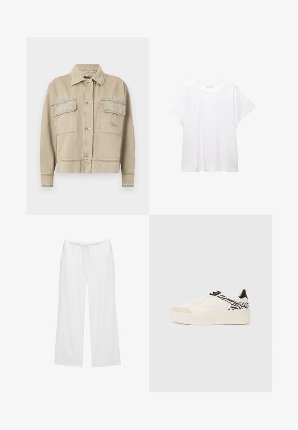 Beige farmerdzseki gallérral, hosszú ujjal, gombos záródással és két mellzsebbel. Kontrasztos varrással és diszkrét logóhímzéssel rendelkezik.; Fehér póló, puha, könnyű anyagból készült. Kerek nyakú, rövid, széles ujjaival és laza szabásával rendelkezik. Nincsenek látható minták.; Fehér, bővülő szárú nadrág puha anyagból, elöl húzózsinórral ellátott gumis derékkal és két oldalsó zsebbel. Egyszerű és letisztult dizájn.; Even&Odd Sportcipő - white/black