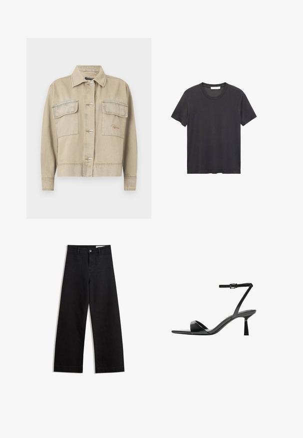 Beige denim jacket with a collar, long sleeves, button closure, and two chest pockets. Features contrasting stitching and subtle logo embroidery.; Black crew-neck t-shirt made of soft cotton. Short sleeves, relaxed fit, and straight hem with no embellishments or patterns.; Black wide-leg denim pants with a high waist, featuring front and back pockets, stitched seams, and a button closure. Smooth texture.; Bershka High heeled sandals - black