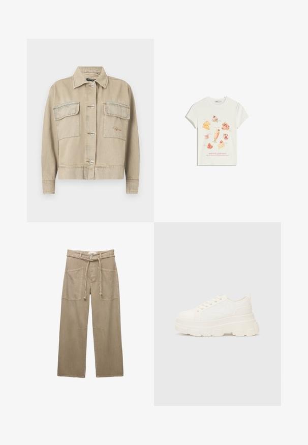 Beige riflová bunda s límcem, dlouhými rukávy, zapínáním na knoflíky a dvěma náprsními kapsami. Obsahuje kontrastní švy a decentní výšivku loga.; Bílý bavlněný tričko s barevnými ilustracemi dezertů, včetně zmrzliny a dortů, s textem "OPRAVDU SKVĚLÝ ČAS" vytištěným níže.; Beige kalhoty s širokými nohavicemi vyrobené z odolné tkaniny, s velkými předními kapsami, pleteným páskem a decentními stehmi.; Bílé plátěné tenisky s robustní podrážkou, zaoblenou špičkou a pěti otvory pro tkaničky. Zádový pásek pro snadné obouvání. Hladký povrch, minimalistický design.