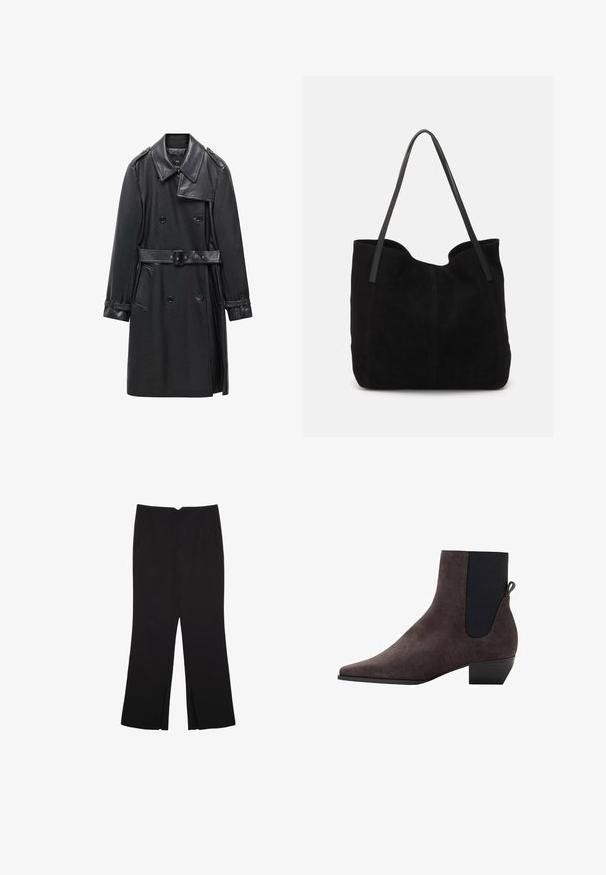 Trench coat nero doppiopetto in pelle, dotato di vita con cintura, ampio colletto e tasche laterali. Texture liscia con dettagli lucidi.; Maglione blu navy lavorato a maglia con scollatura rotonda, maniche lunghe e polsini e orlo a coste. Texture morbida, vestibilità rilassata, design minimal.; Pantaloni neri a gamba dritta, con tasche frontali e spacchi laterali all'orlo. Realizzati in tessuto morbido e liscio. Adatti a diverse occasioni.; Stivale alla caviglia in suede grigio scuro con punta affusolata, pannelli laterali elasticizzati e tacco a piccolo blocco. Presenta un inserto sul retro per essere indossato facilmente.; Borsa a tote in suede nera con due lunghe e piatte tracolle in pelle. Presenta un bordo superiore curvo e cuciture visibili sul davanti. Nessun elemento hardware.