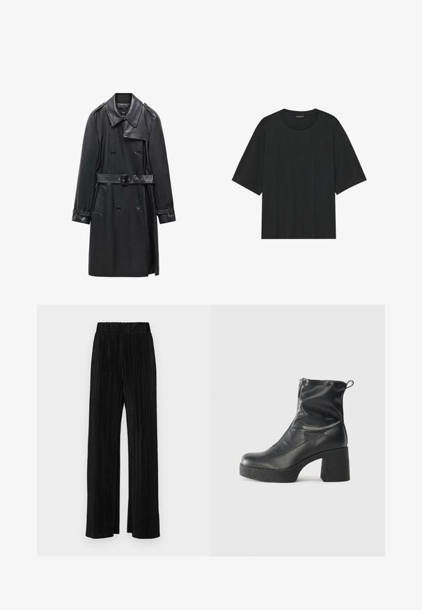 Trench-coat noir à double boutonnage en cuir, avec une taille ceinturée, un grand col et des poches latérales. Texture lisse avec des accents brillants.; T-shirt noir à manches courtes en coton. Il présente un col rond, une coupe décontractée et un ourlet net sans motifs ni accessoires visibles.; Pantalons plissés noirs avec une taille élastique. Présente des jambes larges et un tissu lisse texturé avec des rayures verticales.; Bottes noires à la cheville en cuir lisse, dotées d'une fermeture éclair sur le côté, d'un talon épais texturé et d'une conception à bout rond.