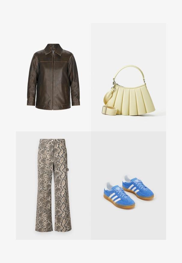 Hnedá kožená bunda so zipsom, špicatým golierom, bočnými vreckami a prešívaním. Hladký povrch s mierne starnúcim vzhľadom.; Polo tričko s krátkym rukávom v marónovej a krémovej prúžkovanej vzore s jemnými modrými akcentmi, s golierom a gombíkmi. Mäkká pletená látka.; Široké nohavice s vzorom imitácie hadej kože, v odtieňoch béžovej a čiernej, s hladkou textúrou a štandardným pásom.; Modré semišové športové topánky s bielymi pruhmi, gumovou podrážkou a polstrovaným golierom pre pohodlie. Majú klasický dizajn na šnurovanie.; Záhybová kabelka z mäkkej žltej látky s zakrivenou rukoväťou. Obsahuje odnímateľný nastaviteľný popruh a hladký povrch s minimálnym kovovým doplnkom.