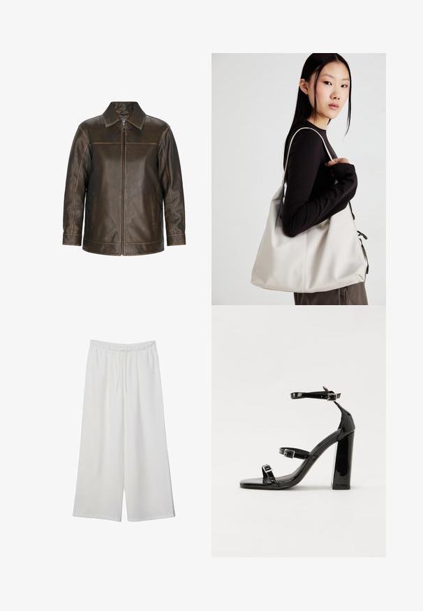 Hnědá kožená bunda se zipovým zapínáním, špičatým límcem, bočními kapsami a prošívanými detaily. Hladká textura s mírně opotřebovaným vzhledem.; Černé a bílé trička s dlouhým rukávem, se zaoblenými výstřihy, měkkou tkaninou a přiléhavým designem se přímými lemy.; Bílé kalhoty s širokými nohavicemi vyrobené z lehké tkaniny, s elastickým pasem a stahovací šňůrkou pro nastavitelnou velikost. Hladká textura.; Černé lakované sandály na podpatku se čtveratou špičkou, lýtkovými pásky a stříbrnými přezkami. Disponují masivním blokovým podpatkem pro stabilitu.; Beige kabelka vyrobená z měkkého materiálu, s volným designem, prošívanými detaily a dvěma ramenními popruhy. Vhodná pro každodenní použití.