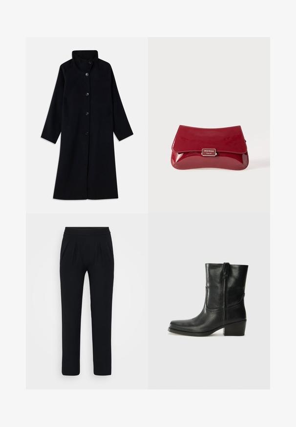 Casaco preto longo com gola alta e cinco botões frontais, mangas longas e corte reto, exposto plano sobre um fundo branco.; Blusa de cetim azul de manga curta com decote quadrado e fecho na parte de trás. Textura suave e ajuste ligeiramente solto.; Calças pretas, de perna larga, feitas de tecido suave. Apresenta um cós elástico e dois pregas frontais. Sem padrões visíveis ou acessórios.; Bota de tornozelo em couro preto com bico arredondado, salto bloco, fecho lateral e detalhes em costura na parte frontal. Textura suave, design clássico.; Clutch em pele vernizada vermelha com um design curvado, aba a dobrar e um detalhe de logótipo em metal numa placa prateada. Textura suave e brilhante.