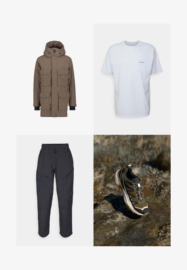 Barna vízálló parka levehető kapucnival, több elején található zsebbel és állítható mandzsettákkal. Simább textúrájú és elegáns kialakítású.; Fehér pamut póló rövid ujjakkal, kerek nyakkal és bal oldalon elhelyezett zsebbel, amelyen egy kék "Patagonia" logó található. Klasszikus szabású, sima textúrával.; Fekete cargo nadrág, könnyű, vízálló anyagból; rugalmas derékrésszel, több cipzáras zsebbel és szűkített lábszárral rendelkezik.; Olívazöld és fekete túrabakancs rózsaszín részletekkel. Jellemzői közé tartozik a texturált felsőrész, a rugalmas talp, a megerősített orr- és a színes fűzőrendszer.