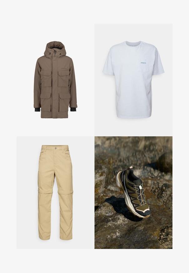 Parka impermeable marrón con capucha desmontable, varios bolsillos delanteros y puños ajustables. Presenta una textura suave y un diseño elegante.; Camiseta de algodón blanca de manga corta, con cuello redondo y un bolsillo en el pecho izquierdo que presenta un logotipo azul de "Patagonia". Corte clásico con una textura suave.; Pantalones beige desmontables con una textura suave, que presentan dos bolsillos laterales, un cierre de botón y puños enrollables para mayor versatilidad.; Zapato de senderismo en verde oliva y negro con toques de rosa. Cuenta con una parte superior texturizada, suela flexible, capuchón de punta reforzado y un sistema de cordones colorido.