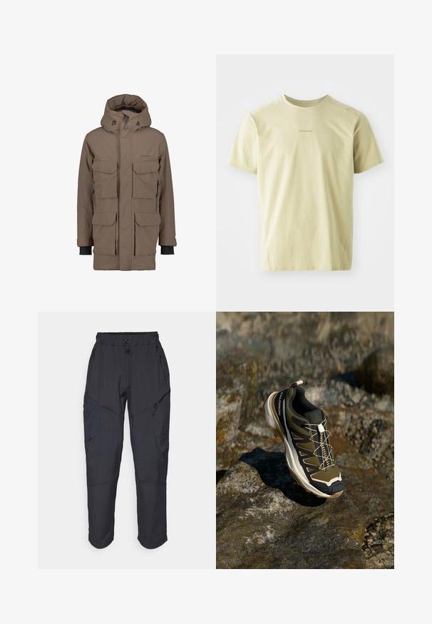 Pruun veekindel parkad eemaldatava kapuutsi, mitme eesmise tasku ja reguleeritavate mansettidega. Iseloomustab siledat tekstuuri ja sujuvat disaini.; Salomon TRACKLINE TEE - Spordi T-särk - gray green; Mustad mustad püksid, mis on valmistatud kergest veekindlast materjalist; sisaldavad elastset vööd, mitmeid lukuga taskuid ja kitsenevaid jalgu.; Olive rohelised ja mustad matkasaapad roosade aktsentidega. Omab tekstuurset ülemist osa, painduvaid põhi, tugevdatud varbakaitset ja värvilist paeltesüsteemi.