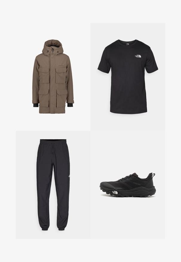 Brown waterproof parka with a detachable hood, multiple front pockets, and adjustable cuffs. Features a smooth texture and sleek design.; Black short-sleeve t-shirt made of cotton, featuring a round neckline and a small white logo on the upper left chest area.; Black athletic pants made from lightweight fabric, featuring a drawstring waistband, side pockets, and tapered cuffs at the ankles.; Black trail running shoe with a textured upper, rubber sole, and reinforced toe cap. Features a padded collar and pull tab for easy wear.