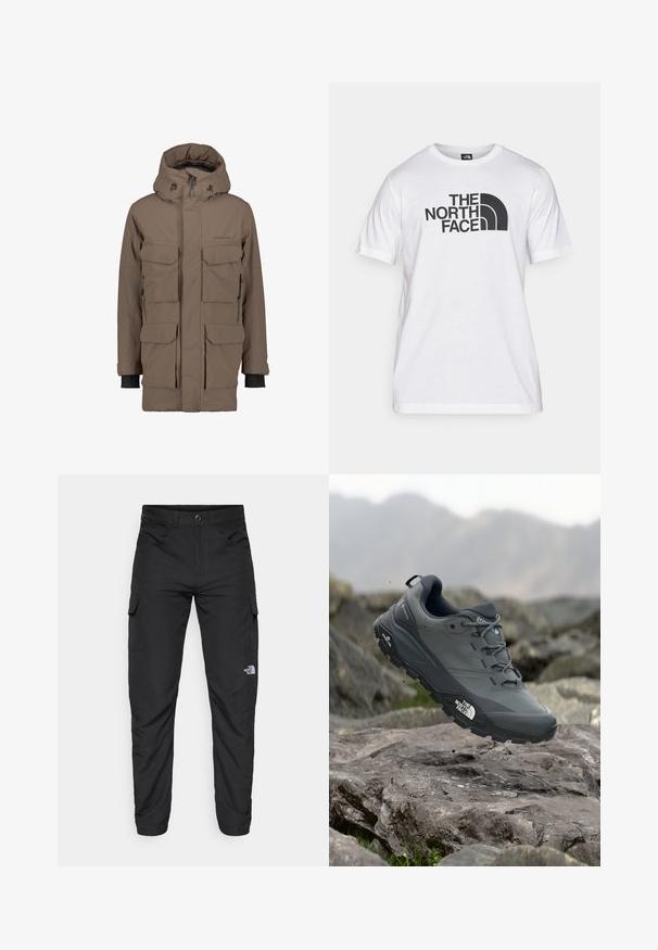 Hnědá nepromokavá parka s odnímatelnou kapucí, několika předními kapsami a nastavitelnými manžetami. Vyznačuje se hladkou texturou a elegantním designem.; Bílý bavlněný tričko s černým grafickým potiskem, na kterém je text a zakřivený design loga. Kulatý výstřih a krátké rukávy. Hladká textura.; The North Face HORIZON PANT - Outdoorové kalhoty - black; Šedá trailová běžecká bota s texturovaným svrškem, odolnou gumovou podrážkou a vyztuženou špičkou. Obsahuje tkaničky a logo značky na straně.