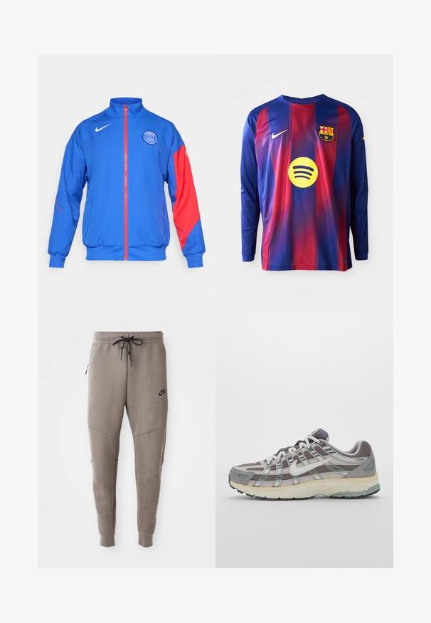 Blue sports jacket with red accents, full zip, high collar, elastic cuffs, and side pockets. Features "Paris" and logo on front.; Long-sleeve football jersey featuring blue and red vertical stripes, Nike logo, Barcelona crest, and a circular Spotify logo in the center.; Gray Nike sweatpants with a drawstring waistband, tapered legs, side pockets, and distinct seam detailing. Soft, textured fabric.; Gray athletic shoe featuring a mesh and suede upper, white accents, a cushioned sole, and a distinctive design with reflective elements.