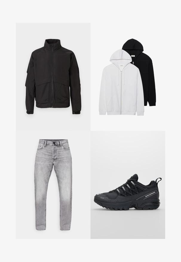 Czarna kurtka z wysokim kołnierzem, zamkiem błyskawicznym i długimi rękawami. Posiada warstwowy design i gładką, matową teksturę.; Dwie bluzy z kapturem na zamek w kolorze czarnym i białym, z kapturem na sznurki, kieszeniami kangurzymi, ściągaczami na rękawach oraz miękką teksturą materiału.; Zestaw trzech podstawowych t-shirtów w kolorach czarnym, białym i jasnoszarym. Krótkie rękawy, okrągły dekolt, wykonane z gładkiej bawełnianej tkaniny. Widoczne logo marki.; Szare dżinsy o prostym kroju, z przetarciami, pięcioma kieszeniami oraz standardowym zapięciem na guzik i zamek.; Czarne buty sportowe z siateczkową cholewką, gumową podeszwą i odblaskowymi akcentami. Posiadają amortyzowaną podeszwę oraz sznurowany design.