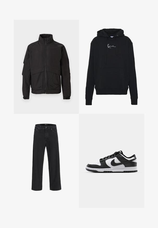 Sort jakke med høj krave, lynlås lukning og lange ærmer. Har et lagdelt design og en glat, mat tekstur.; Sort hættejakke lavet af blødt stof, med en forlomma, snore og hvidt logo broderi på brystet. Klassisk pasform og ribbede manchetter.; Sorte denim jeans med lige ben, knap- og lynlåslukning, bæltestropper samt for- og baglommer.; Sort og hvid Nike Dunk sneakers med læderoverdel, perforeret tå, sorte snørebånd og en sort gummisål med slidbanedesign.