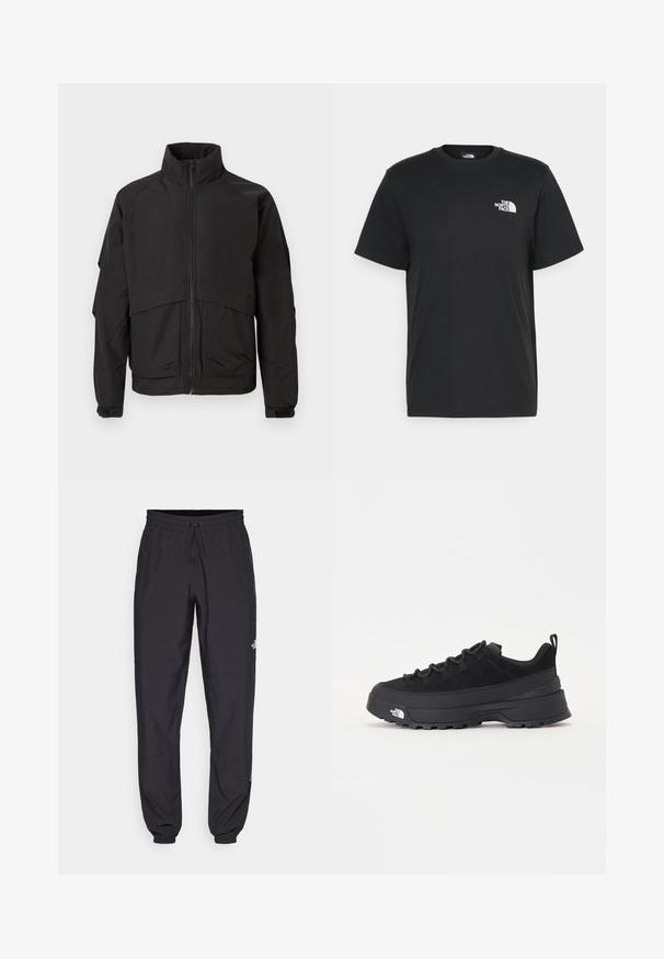 Black jacket with a high collar, zip closure, and long sleeves. Features a layered design and smooth, matte texture.; Black cotton t-shirt with short sleeves, crew neck, and a small white logo on the left chest. Simple design, smooth texture, and relaxed fit.; Black athletic pants made from lightweight fabric, featuring a drawstring waistband, side pockets, and tapered cuffs at the ankles.; Black outdoor sneaker with a suede upper, textured rubber sole, and sturdy lacing system. Features a reinforced heel and brand logo on the side.