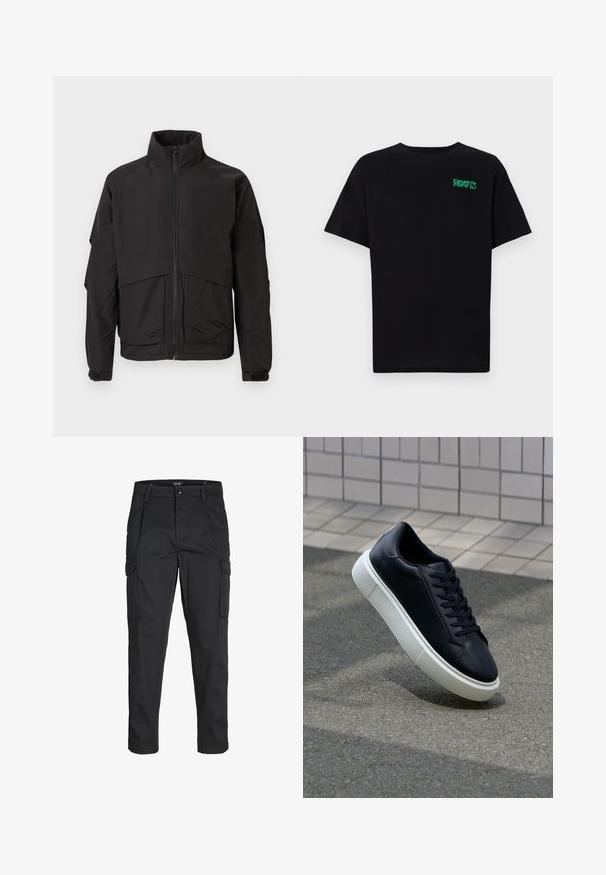 Schwarze Jacke mit hohem Kragen, Reißverschluss und langen Ärmeln. Verfügt über ein gestuftes Design und eine glatte, matte Textur.; Schwarzes T-Shirt aus Baumwolle mit kurzen Ärmeln. Auf der Vorderseite befindet sich ein grünes "ROOTS"-Logo, es hat einen runden Halsauschnitt und eine normale Passform.; Schwarze Cargo-Hose aus robustem Material, mit mehreren Taschen, einem Knopfverschluss und einem Slim-Fit-Design mit schmal zulaufenden Beinen.; Schwarze Leder-Sneaker mit runder Zehenpartie und weißer Gummisohle. Verfügt über flache Schnürsenkel und minimale Nähte im Obermaterial. Strukturiertes Sohlenprofil für besseren Halt.