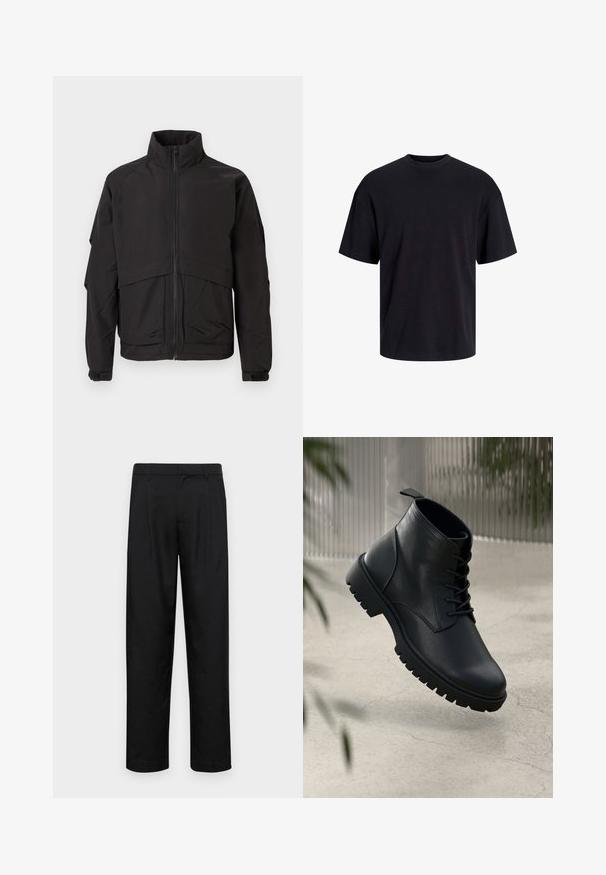 Giacca nera con colletto alto, chiusura con zip e maniche lunghe. Caratterizzata da un design a strati e una texture liscia e opaca.; T-shirt in cotone nero con collo rotondo, maniche corte e vestibilità morbida. Texture liscia senza pattern o dettagli visibili.; Pantaloni neri realizzati in tessuto liscio, caratterizzati da un taglio dritto, due pieghe frontali e una vita standard con passanti per la cintura.; Stivali alla caviglia in pelle nera con punta arrotondata, design con lacci e suola in gomma robusta. Texture liscia con una linguetta sul retro.