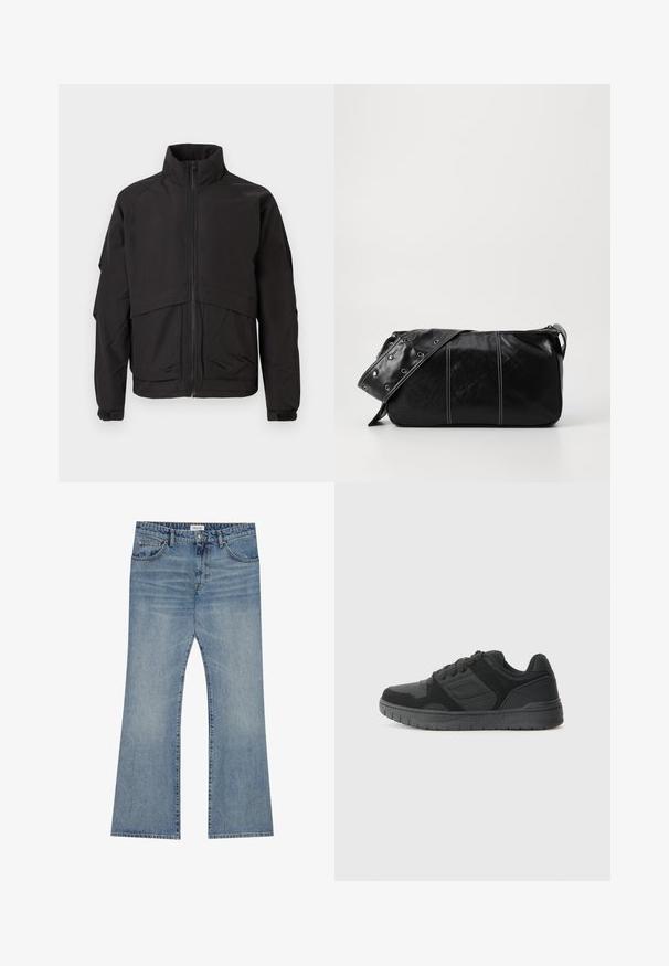 Must mustaga kõrgema krae, tõmbluku sulgemise ja pikkade varrukatega. Omab kihilist disaini ja sileda, mati tekstuuri.; Valge puuvillane lühikeste varrukatega T-särk V-kaelusega, millel on lõdva lõikega ja sile, pehme tekstuur. Mustreid ega aktsente pole.; Heled sinine teksapüksid, millel on laiendatud sääre disain, klassikaline viie tasku stiil ja nööp sulgemine vööl.; Mustad mustressport jalats musta värvusega, millel on tekstuuriga pealisosa, sametised ja võrgumaterjalist aktsendid, pehmendatud krae ja kummist tald, millel on mustrimuster.; Must mustra nahkainine õlakott, millel on tõmblukk, tekstureeritud pind, valged õmblused ja rihm hõbedaste rõngastega.