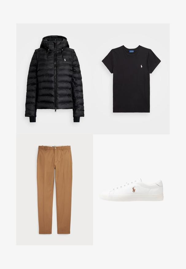 Casaco puffer preto com fecho à frente, capuz e punhos canelados. Possui um design acolchoado e um pequeno logo no lado esquerdo do peito.; T-shirt de algodão preto com decote redondo, mangas curtas e um logótipo bordado branco no lado esquerdo do peito. Textura suave, design casual.; Calças de algodão castanhas com um design slim-fit, frente lisa e bolsos standard; textura suave e bainhas com acabamento.; Sapatilhas de couro brancas, design de cano baixo, com textura suave, biqueira redonda, atacadores à frente e um pequeno logótipo bordado na lateral.