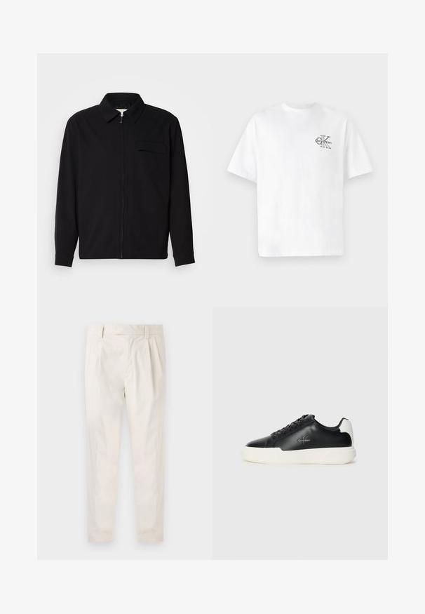Camisa preta de manga longa com gola, fecho frontal com zíper e bolso no peito. Feita de um tecido texturizado com um corte descontraído.; T-shirt de algodão branco com mangas curtas, gola redonda, apresentando um logo CK preto na área do peito esquerdo, ajuste padrão, textura suave.; Calças brancas pregueadas com um corte ajustado, apresentando uma textura suave, passantes de cinto e pernas afuniladas. Sem bolsos visíveis ou padrões.; Tênis de couro preto com sola de borracha branca. Possui bico redondo, design com atacadores e detalhe do logo na lateral. Acento traseiro em branco.