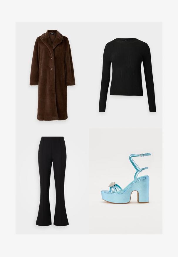 Rudas dirbtinio kailio paltas su iškirpte, dviem mygtukais ir šoninėmis kišenėmis; pasižymi minkšta, pūkuota tekstūra ir kelių ilgio dizainu.; Juoda dryžuota ilga rankovė prigludusi megztinis su apvalia iškirpte, pateiktas prieš paprastą šviesią fono.; Juodos flared kelnės, pagamintos iš tamprių audinių, pasižyminčios lygiu paviršiumi, aukštu liemeniu ir siūlių detalėmis priekyje.; Mėlynos metalinės platforminės basutės su storu kulnu, su kryžminiais dirželiais ir papuošimu ant pirštų.