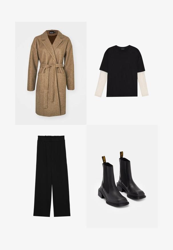 Brun, langermet frakk laget av teksturert stoff, med belted liv, spiss krage, to sidelommer og en avslappet passform.; Svart T-skjorte laget av bomull, med korte ermer over et hvitt langermet lag med en subtil teksturert mønster. Rund hals design.; Svarte vide bukser med rynket liv, med to sidelommer og et glatt, lett stoff. Ingen synlige mønstre eller metalldeler.; Sorte ankelstøvler laget av glatt lær med elastiske sidepaneler, kvadratisk tå og tykke hæler. Har gule merke-trekkremmer.