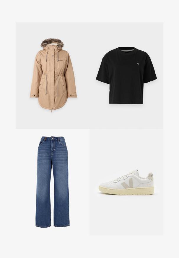 Béžová nepremokavá parka s kožušinou pod kapucňou, sťahovacím pásom, cvokmi a dvoma bočnými vreckami. Obsahuje malé logo na ľavej hrudi.; Čierne skrátené tričko z bavlny, s krátkymi rukávmi, okrúhlym výstrihom a malým bielym logom na ľavej hrudi.; Džíny s širokými nohavicami vyrobené z stredne ťažkej modrej bavlnenej tkaniny. Majú klasický dizajn s piatimi vreckami a zips s gombíkovým zapínaním.; Biele kožené tenisky s béžovými semišovými akcentmi, perforovanou špičkou, plochými šnúrkami a textúrovanou krémovou podrážkou. Obsahujú jemné označenie na päte.