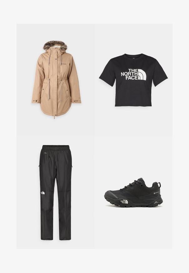 Smėlio spalvos atsparus vandeniui parka su pūkine kapišonu, raišteliu juosmens srityje, sagomis ir dviem šoninėmis kišenėmis. Pirmo kairėje krūtinės pusėje yra mažas logotipas.; Juodas trumpas medvilninis marškinėliai, kuriuose yra baltas logotipas su kreivomis detalėmis ir užrašu "THE NORTH FACE" priekyje. Trumpomis rankovėmis, apvaliu kaklu.; Juodi nepralaidūs vandeniui kelnių, pagamintų iš lengvos medžiagos, su elastingu juosmeniu, šoninėmis kišenėmis ir logotipu kairiajame šone.; Juodas žygio batelis su tekstūruotu viršumi, su raištelių uždarymu ir storu guminiu padu, ant šono išryškintas logotipas ir raštiškai išpjauti modeliai.