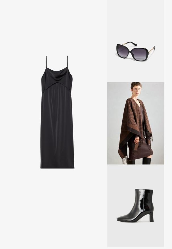 Braun gemusterter Poncho mit Fransen, aus weichem Stoff. Über einem ribbelten braunen Kleid getragen, das einen tiefen V-Ausschnitt und eine figurbetonte Silhouette hat.; Schwarzes Satin-Nachthemd mit dünnen Spaghettiträgern, einem drapierten Ausschnitt und einer geraden Silhouette. Glatte Textur und minimalistisches Design.; Schwarzer Lackleder-Stiefelette mit spitzer Zehe und einem mittelhohen Blockabsatz. Glatte Textur und minimalistisches Design.; Schwarze übergroße Sonnenbrille mit getönten Gläsern, dicken Rahmen und goldfarbener Kettendetaillierung an den Bügeln.