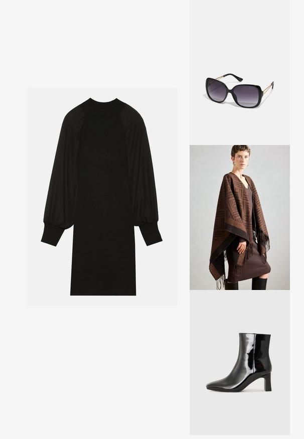 Poncho marrone a fantasia con frange, realizzato in un tessuto morbido. Indossato sopra un abito marrone a coste, caratterizzato da un profondo scollo a V e una silhouette aderente.; Vestito nero caratterizzato da un tessuto a coste con maniche a palloncino e scollatura alta. La silhouette è dritta e arriva fino al ginocchio.; Stivaletto in pelle verniciata nera con punta a punta e tacco a blocco di altezza media. Texture liscia e design minimalista.; Occhiali da sole neri oversize con lenti sfumate, montatura spessa e dettagli in catena dorata sulle astine.