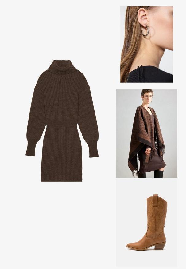 Poncho marrone a fantasia con frange, realizzato in un tessuto morbido. Indossato sopra un abito marrone a coste, caratterizzato da un profondo scollo a V e una silhouette aderente.; Abito maglione marrone a coste con colletto alto, maniche lunghe e vita aderente. Tessuto in maglia testurizzata con dettagli sottili.; Stivale cowboy in pelle marrone chiaro con punta affusolata, modelli ricamati a spirale sull'asta e tacco a blocco impilato. Presenta una linguetta per una facile calzata.; Orecchino a cerchio in argento con finitura lucida, caratterizzato da piccoli dettagli in oro e una forma tondeggiante, indossato sul lobo.