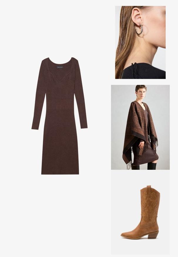 Pruun mustriga ponšo frintlidega, valmistatud pehmest kangast. Kihtide kaupa kantud ribaliselt pruuni kleidi üle, millel on sügav V-kaelus ja kehaümberpööratud siluett.; pruun ribaga pikkade varrukatega kleit avatud kaelusega ja keha lähedase siluettiga. Sisaldab V-kujulist õmblusdetaili kehaosas.; Kohvitooni nahast cowboy-kork, millel on terav varvas, tikitud keerised varrel ja virnastatud ploki konts. Omab tõmbeava, et seda oleks lihtne jalga panna.; Hõbedane rõngas kõrvarõngas poleeritud viimistlusega, millel on väikesed kuldsed aktsendid ja ümmargune kuju, kantud lobus.