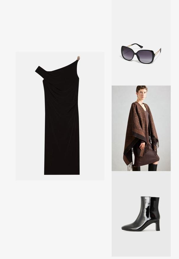 Brūns rakstains pončo ar franjām, izgatavots no mīkstas auduma. Valkāts virs ribota brūna kleitas, kurai ir dziļa V-veida kakla izgriezums un pieguļošs siluets.; Melna vienas pleca kleita, kas izgatavota no drapēta auduma, ar zelta akcentu uz pleca, gludu tekstūru un līdz ceļgaliem garumu.; Melnas patentētas ādas potīšu zābaki ar norādītu pirkstu un vidēja augstuma kvadrātveida papēdi. Gluda tekstūra un minimālisma dizains.; Melni pārmērīgi lieli saulesbrilles ar gradāciju lēcām, biezām rāmja malām un zeltainas krāsas ķēžu detaļām uz tempļiem.; Melnas ādas somiņa ar gludu tekstūru, strukturētu formu, divām rokturām un izteiktu sudraba sprādzi priekšpusē.