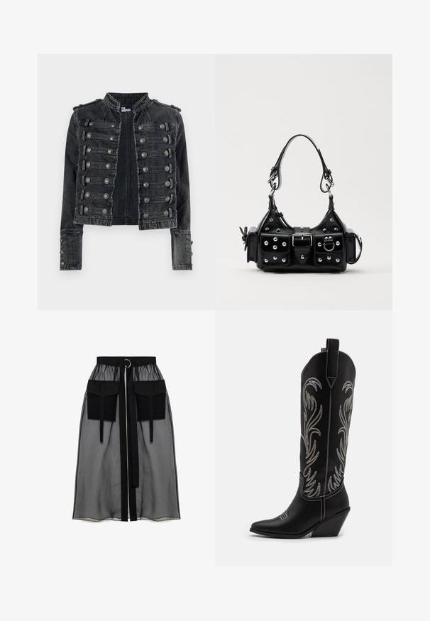 Mustakankainen sotilaallinen takki, jossa on koristeelliset hopeiset napit ja kiinalainen kaulus, sekä vaakasuorat hihnadetallit edessä.; Musta pitkähiha toppe, joka on valmistettu läpikuultavasta kankaasta. Siinä on pyöreä pääntie, etupainikkeet ja sahalaitaiset reunat hihoissa.; Musta läpinäkyvä hame, jossa on kerätty vyötärö, kaksi suurta etutaskua, vyönauha ja pyöreä metallikoriste.; Mustat nahkasaappaat cowboy-tyyliin, joissa on terävät varpaat, viistot korot ja hopeiset brodeeratut kukkakuviot varressa. Eroava ompelu koko saappaassa.; Musta nahkainen käsilaukku, jossa on kaareva muotoilu, hopeiset niitit, solki ja kaksi sivutaskua. Säädettävä olkahihna erilaisiin kantovaihtoehtoihin.