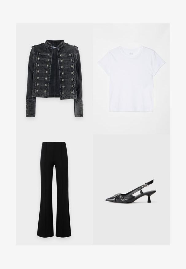 Fekete farmer katonai stílusú dzseki dekoratív ezüst gombokkal és mandzsárd gallérral, elöl vízszintes pánt részletekkel.; FRAME BABY TEE - Basic póló - white; Fekete, flared nadrág magas derékkal, rugalmas anyagból készült. Elölnézetén függőleges varrásokkal rendelkezik, sima textúrával.; Fekete bőr slingback cipő hegyes orral, dekoratív pántokkal, fém szemekkel és alacsony blokk sarkú. Texturált felület.