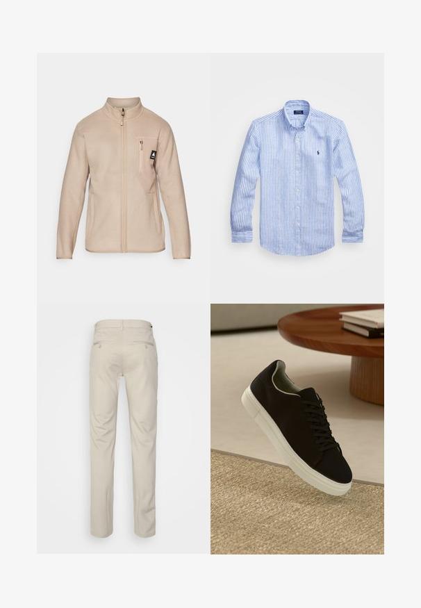 Béžová fleecová bunda s vysokým límcem, předním zipem a náprsní kapsou s malým logem. Hladká textura, rovný střih a dlouhé rukávy.; Modrá a bílá pruhovaná košile s dlouhým rukávem vyrobená z bavlny, s límcem na knoflíky, předními knoflíky a malým vyšitým logem na hrudi.; Beige kalhoty se hladkým povrchem, rovný střih, dvě zadní kapsy s knoflíky a standardní pas.; Černé tenisky s bílou podrážkou plující nad béžovým texturovaným kobercem poblíž kulatého dřevěného stolu se stohovanými knihami.