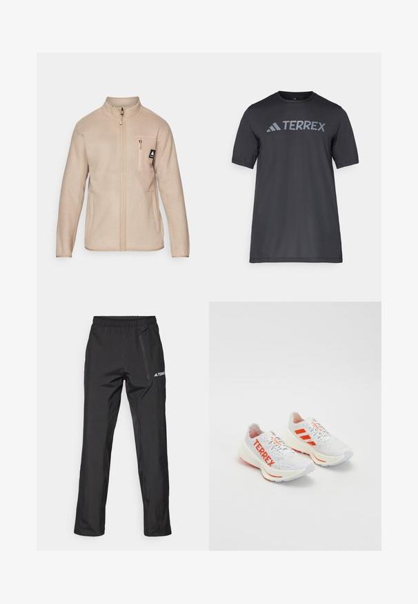 Beige fleecejack met een hoge kraag, een rits aan de voorkant en een borstzak met een klein logo. Soepele textuur, rechte snit en lange mouwen.; Zwarte korte mouwen t-shirt van lichtgewicht stof, met een lichtgrijze "TERREX" logo over de borst en een ronde hals.; Zwarte, lichtgewicht outdoorbroek met elastische tailleband, ritssluitingen in de zakken en een gedrukt logo. Gladde textuur en rechte pijpen.; Witte sportieve schoenen met oranje accenten, voorzien van "TERREX" branding, een bovenwerk van mesh, een gevoerde zool en een getextureerde rubberen loopzool.