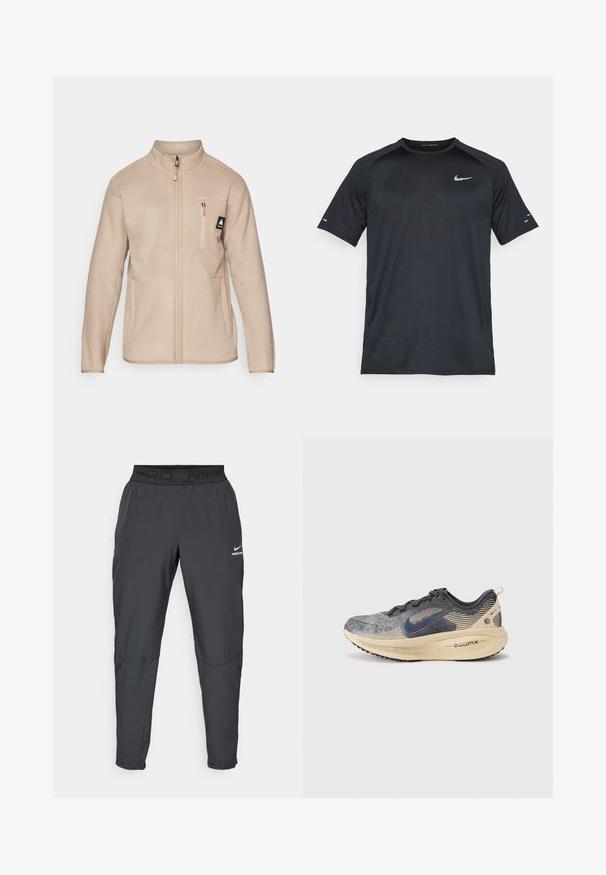Beżowa polarowa kurtka z wysokim kołnierzem, zamkiem błyskawicznym z przodu i kieszenią na piersi z małym logo. Gładka tekstura, prosty krój i długie rękawy.; Czarny t-shirt sportowy Nike z krótkim rękawem, okrągłym dekoltem, teksturowanym materiałem oraz odblaskowym logo na górnej lewej części klatki piersiowej.; Spodnie Nike Pro w ciemnoszarym kolorze, z czarnym elastycznym pasem z napisem "PRD" oraz "NIKE PRO", gładka tkanina, zwężany krój i subtelne detale ściegów.; Nike Performance VOMERO 18 ciemnoszary