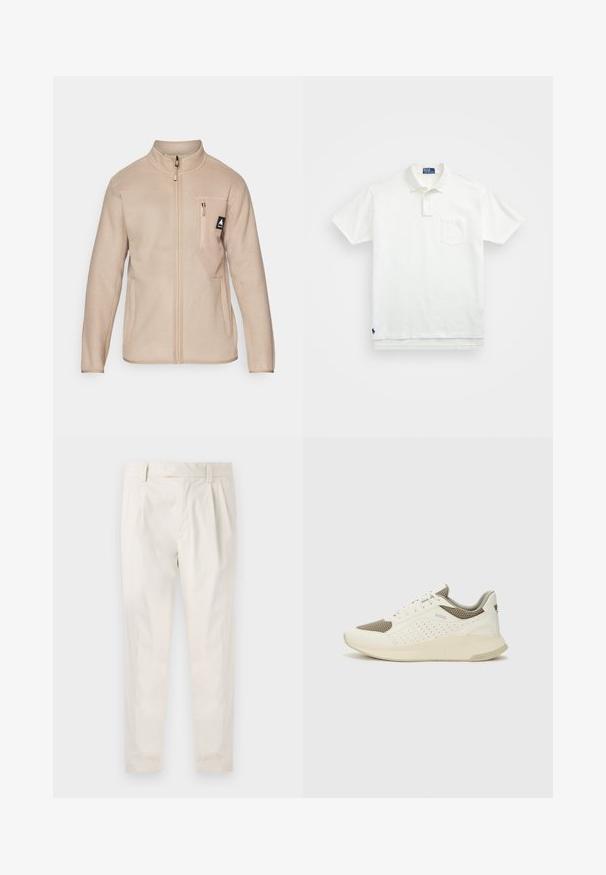Jachetă din fleece bej cu guler înalt, fermoar frontal și un buzunar pe piept cu un logo mic. Textură netedă, croială dreaptă și mâneci lungi.; Cămașă polo albă din bumbac, cu un guler clasic, placket cu trei nasturi și un buzunar pe pieptul stâng; logo mic pe tiv.; Pantaloni albi plisati, cu o croială ajustată, având o textură netedă, bucle pentru curea și picioare conice. Fără buzunare vizibile sau modele.; Tenis sportivi alb și bej deschis, cu un înveliș din plasă, detalii perforate și o talpă intermediară texturată, având marcaj pe călcâi.