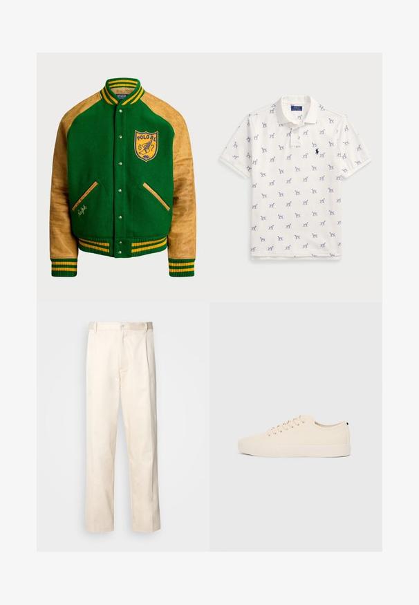 Zöld gyapjú egyetemi dzseki, világosbarna bőrkarral, sárga hímzett logóval, valamint csíkos bordás mandzsettával és gallérral. Nyomógombokkal és zsebekkel rendelkezik.; Fehér póló, pamutból készült, ismétlődő kék kutyás mintával és egy kis kék logóval a mellkason. Rövid ujjak és gallér.; Beige pamut nadrág egyenes szárú kivágással, gombos záródással és elülső redőkkel a részletek fokozása érdekében.; Beige vászon sportcipők, kerek orral, lapos gumi talppal és fűzős elejével. Minimális dizájnnal rendelkezik, és kontrasztos fekete akcentussal a saroknál.