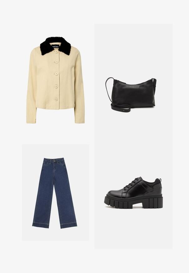 Bežs mēteli ar melnu mākslīgā kažokāda apdari, aprīkots ar pogu aizdari un garām piedurknēm. Materiāls izskatās teksturēts ar klasisku dizainu.; Balts kokvilnas t-krekls ar krāsainu tauriņa apdruku kreisajā krūtīs. Īsas piedurknes un brīvs piegriezums.; Platās kājas džinsi tumši zilā denima krāsā. Iespējas: piecas kabatas, siksnu cilpas un neapstrādāta apakša ar redzamām šuvju detaļām.; Melnas ādas platformas kurpes ar masīvu bloku papēdi, apaļu purngalu un tradicionālu saistīšanas dizainu. Izceļas ar gludu tekstūru un minimālu apdari.; Melna ādas plecu soma ar gludu tekstūru, izliekta forma, regulējama siksna un rāvējslēdzēja aizdare. Minimālistisks dizains bez rotājumiem.