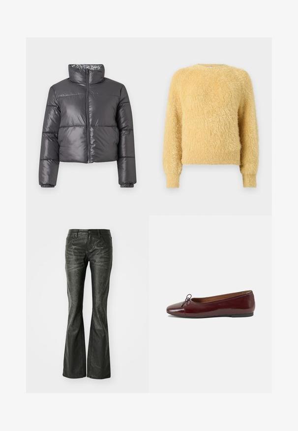 Svart puffjakke med høy krage, glidelås foran og quiltede seksjoner. Har en glatt, skinnende overflate og et mønstrete fôr.; Myk, fluffy gul langermet genser med ribbede mansjetter og nederkant, med rund hals og en luksuriøs strukturert strikk.; Sorte falske skinn flared jeans med frontlommer, metallknapplukking og en lett teksturert overflate. Rett ben med lang kutt.; Burgunderrød lakk lær ballettleilighet med rund tå, liten sløyfe foran og en lav, svart gummisåle. Glatt tekstur.