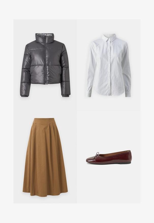 Schwarze Steppjacke mit hohem Kragen, Reißverschluss vorne und gesteppten Abschnitten. Sie hat eine glatte, glänzende Außenfläche und ein gemustertes Innenfutter.; Weißes Hemd mit Knöpfen, aus glattem Baumwollstoff, mit klassischem Kragen, langen Ärmeln und abgerundetem Saum. Die Knöpfe sind klein und weiß.; Brauner Baumwoll-A-Linien-Rock mit hoher Taille, der vorne Falten aufweist und eine glatte Textur hat. Der Saum ist sauber und einfach verarbeitet.; Burgunderfarbenes, lackiertes Ballettschuh mit abgerundetem Zehenbereich, kleiner Schleifenakzent vorne und einer niedrigen, schwarzen Gummisohle. Glatte Textur.