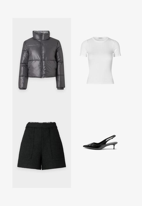 Chaqueta acolchada negra con cuello alto, cierre frontal de cremallera y secciones acolchadas. Presenta un exterior liso y brillante y un forro con estampado.; Camiseta blanca de manga corta hecha de material acanalado. Presenta un escote redondo y una silueta ajustada. Textura suave sin estampados.; Pantalones cortos negros de tela texturizada con un dobladillo deshilachado, que cuentan con dos bolsillos frontales y un ajuste entallado.; Tacones slingback de cuero negro con punta afilada, pequeño tacón kitten y un detalle de nudo decorativo en la parte frontal. Textura suave en toda la superficie.