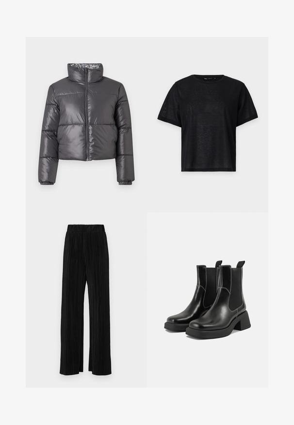 Zwarte pufferjack met een hoge kraag, ritssluiting aan de voorkant en geborduurde secties. Heeft een gladde, glanzende buitenkant en een gestreepte voering.; Zwart t-shirt met korte mouwen en een relaxte pasvorm, voorzien van een gladde textuur en een ronde hals. Lichtgewicht stof met een subtiele glans.; Zwarte geplooide broek met een elastische tailleband. Beschikt over wijde pijpen en een glad, gestructureerd stof met verticale strepen.; Zwarte leren Chelsea-boots met een chunky hak, elastische zijpanelen en contrasterende witte stiksels. Gestructureerde afwerking.