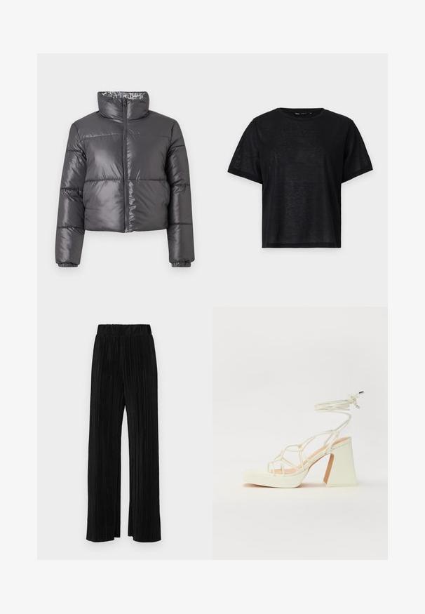 Jachetă puf ebonie cu guler înalt, fermoar frontal și secțiuni matlasate. Caracteristici un exterior neted și strălucitor, cu o căptușeală cu model.; Tricou negru cu mânecă scurtă, cu o croială lejeră, având o textură netedă și un decolteu rotund. Material ușor cu un luciu subtil.; Pantaloni negri plisati cu talie elastică. Prezintă picioare largi și un material neted, texturat, cu dungi verticale.; Sandale albe cu toc înalt și gros, cu un design cu curele și legătură la gleznă. Textură netedă, cu o platformă frontală pentru înălțime suplimentară.