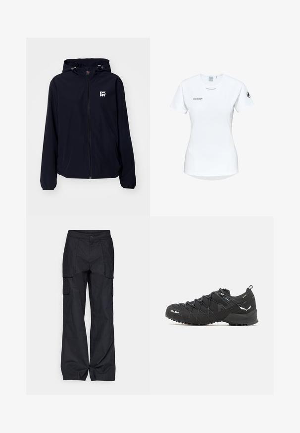 Svart vattentät jacka med huva, hel dragkedja, elastiska ärmslut och en vit logotyp på bröstet. Slät, lätt tyg, avslappnad design.; Kortärmad vit träningsskjorta med rund halsringning, försedd med en logotyp på bröstet och en slät, lätt tygkvalitet.; Columbia BREA FALLS™ COTTON RIPSTOP PANT - Friluftsbyxor - black; Svarta vandringsskor med ett texturerat tygöverdrag, snörningssystem och slitstark gummisula. Prydda med reflekterande detaljer och logotyper.