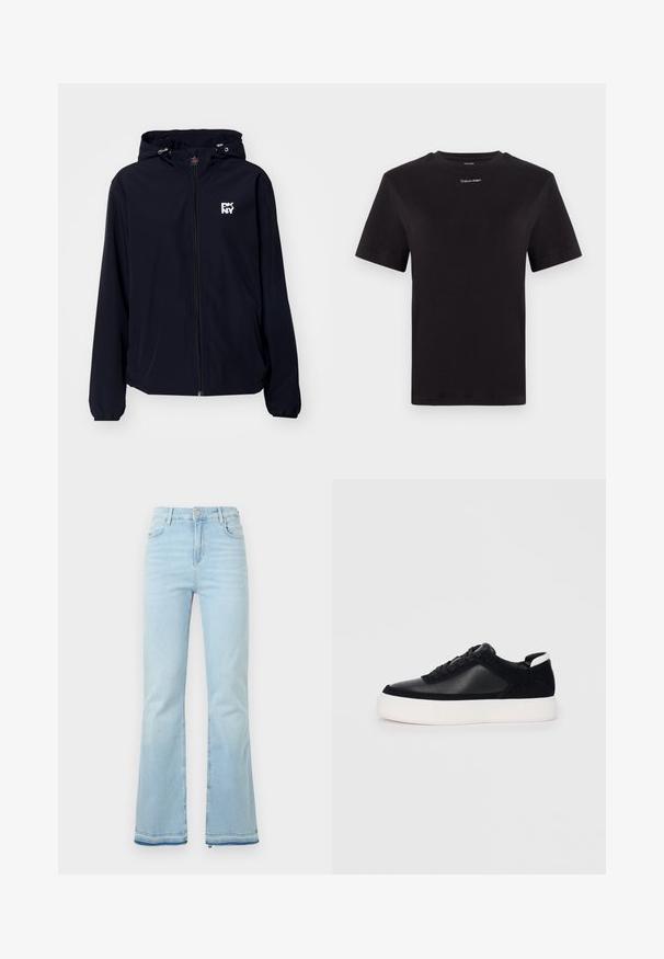 Juodas vandeniui atsparus džemperis su gobtuvu, pilnu užtrauktuku, elastinėmis rankogaliais ir baltu logotipu ant krūtinės. Lygus, lengvas audinys, kasdieniškas dizainas.; Juodas medvilninis marškinėliai trumpomis rankovėmis, apykaklė, su mažu baltu "Calvin Klein" logotipu krūtinėje. Lygus paviršius, klasikinis siluetas.; Šviesiai mėlyni, platėjantys džinsai pagaminti iš denimo, su aukštu juosmeniu, priekinėmis kišenėmis ir nelygiais apačiais, suteikiančiais kasdišką išvaizdą.; Juodi sportbačiai su lygiu oda ir zomšinėmis detalėmis, plokščiomis raišteliais, apvaliu walko ir balta guma iš baze. Išskirtinė logotipas ant kulno.