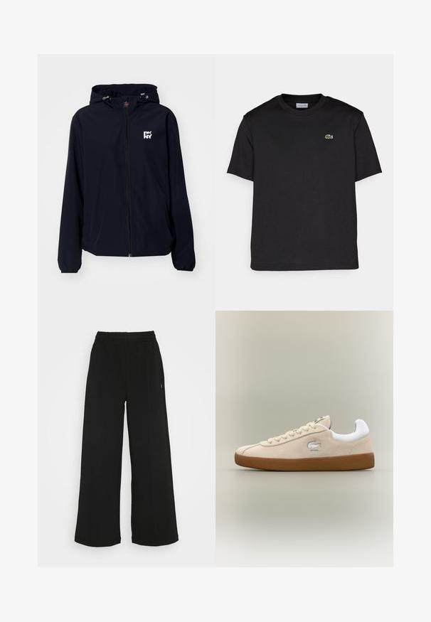 Juodas vandeniui atsparus džemperis su gobtuvu, pilnu užtrauktuku, elastinėmis rankogaliais ir baltu logotipu ant krūtinės. Lygus, lengvas audinys, kasdieniškas dizainas.; Juodas medvilnės marškinėlis su apykakle, trumpomis rankovėmis ir maža žalia siuvinėta logotipu kairėje krūtinės pusėje. Paprastas dizainas.; Juodi plačios kojų kelnės su elastinga liemene. Pagamintos iš minkštos, lengvos medžiagos. Yra vertikalūs siūlai priekyje.; Bežiniai zomšiniai sportbačiai su baltais akcentais ir guminiais padais. Šone yra iškilęs logotipas ir kontrastinės bežinės raišteliai. Klasikinis dizainas.